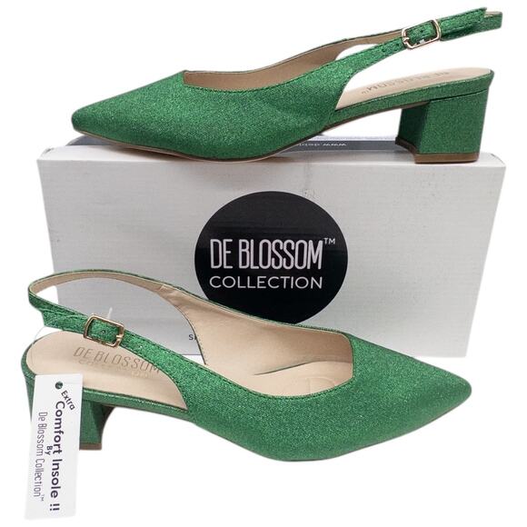 DE Blossom Metallic Emerald  Green Semi Slingback Pointed Toe Low Heel Sandals 9 - Picture 1 of 5